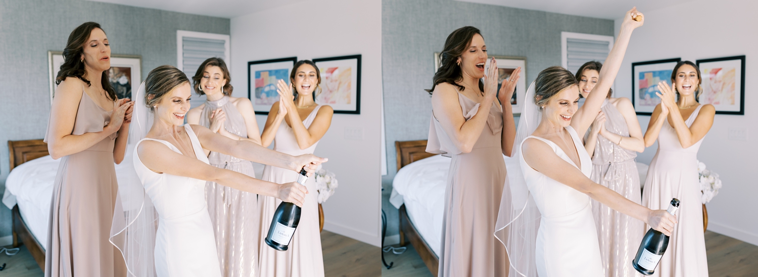 bridesmaids opening champagne